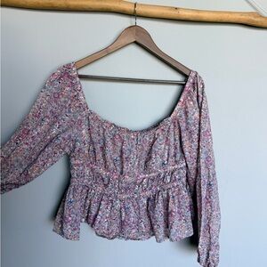 J. Crew Floral Peplum Square-Neck Blouse in Pink Multi